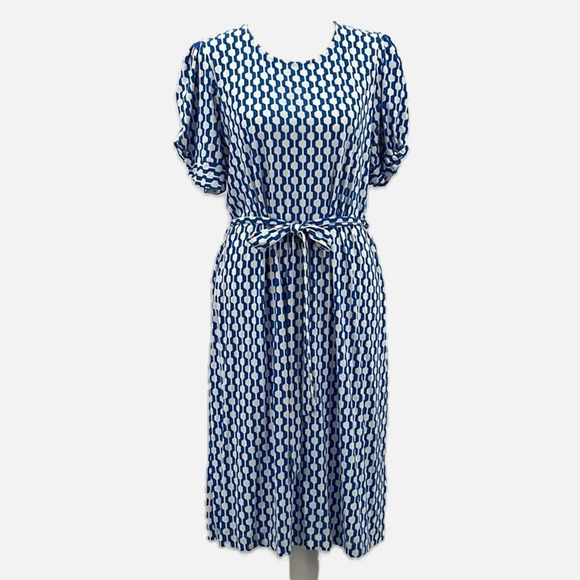 Boden Knot Detail Jersey Knit Geo Print Dress in Azure Blue & White - NWOT - 14R - Picture 2 of 8